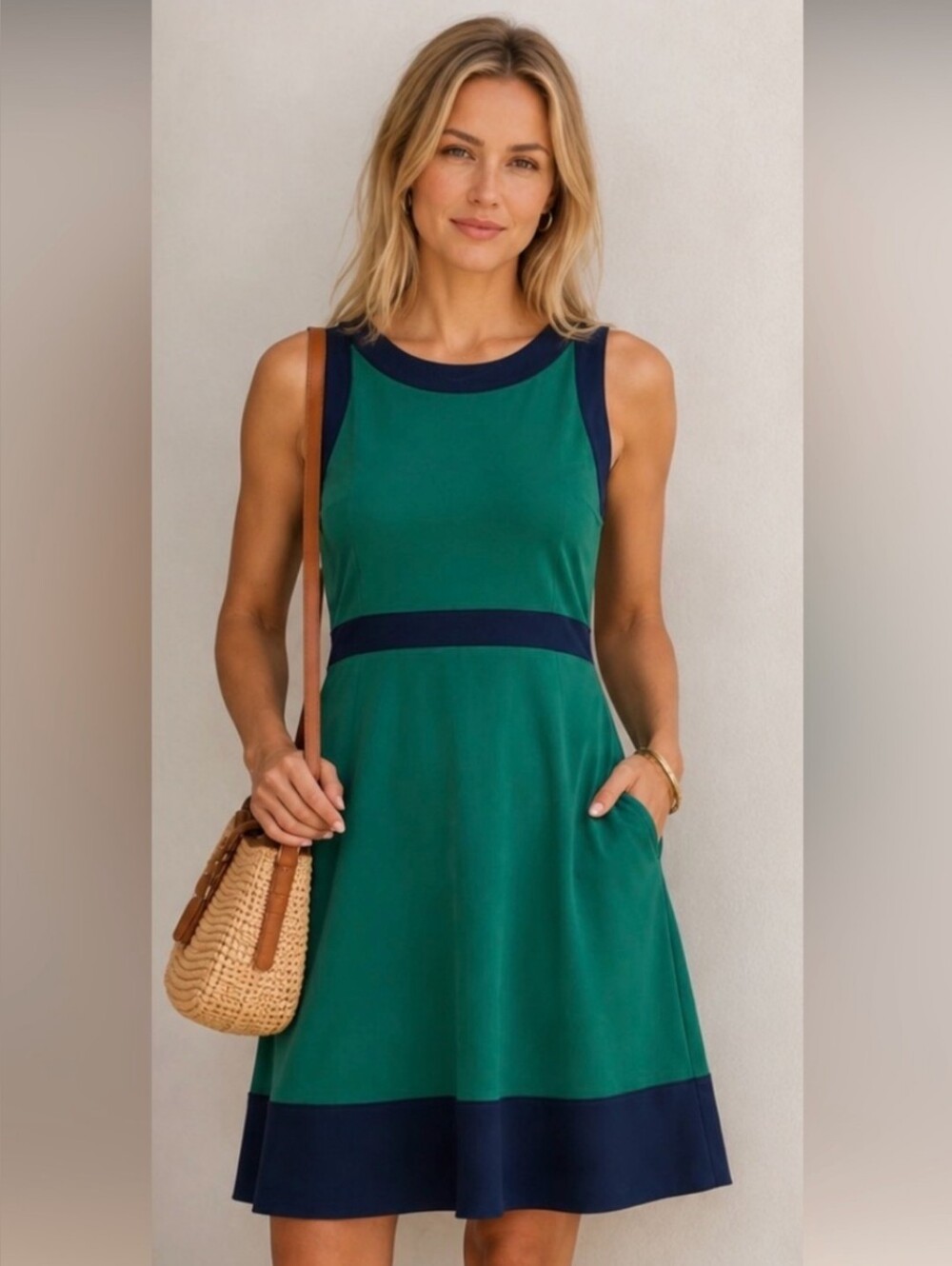 Lands' End Vintage Vibrant Green A-lineFit & Flare Dress with Navy Trim - 12P